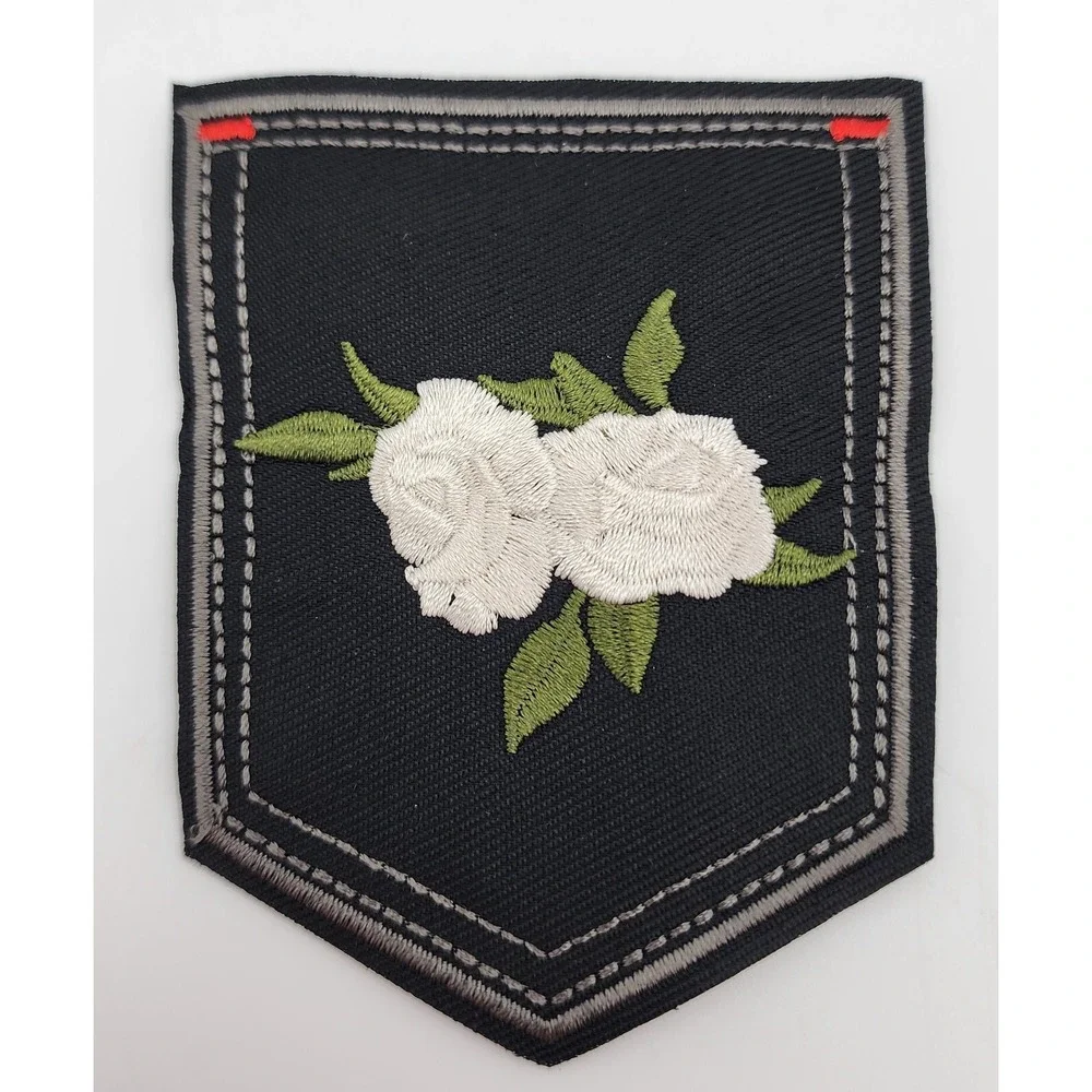 WHITE ROSE ON POCKET BLACK‎ DENIM EMBROIDERED PATCH